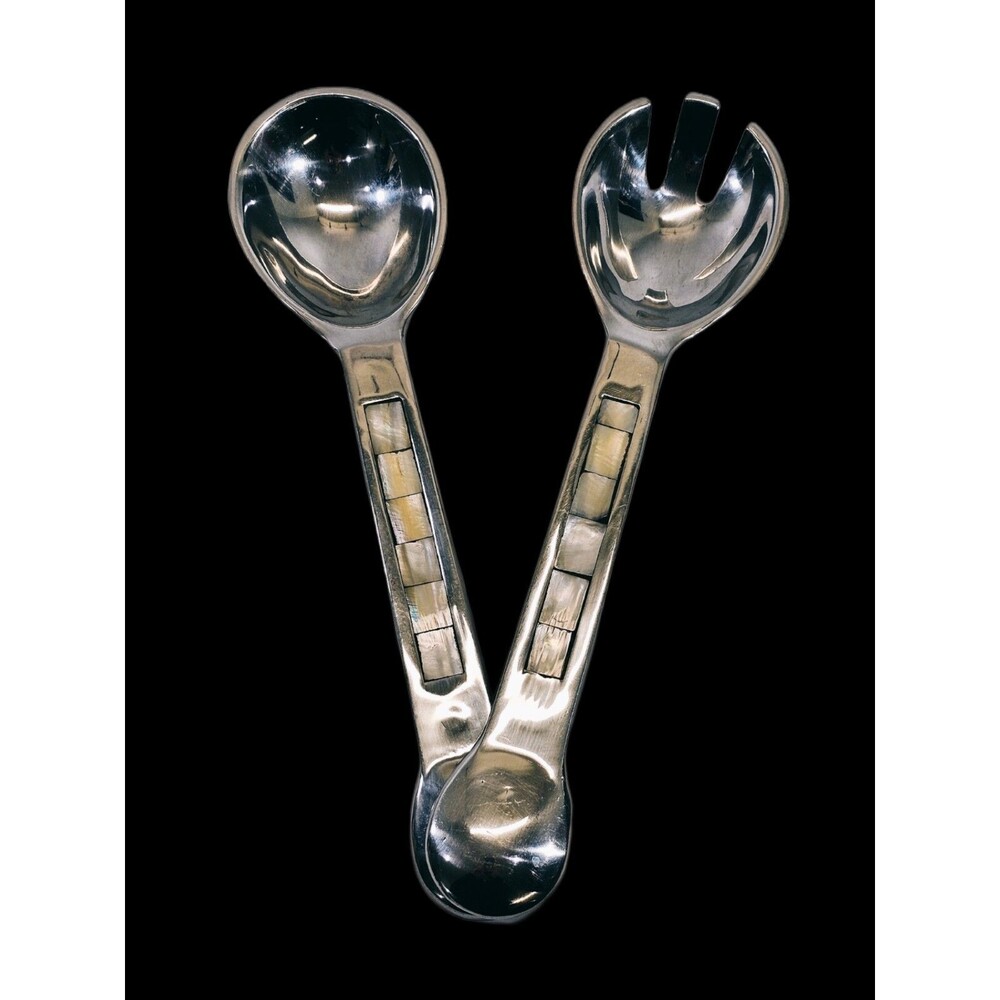 Towle Mother of Pearl Inlay Large Serving Spoon Salad Set 2 Utensils 11"‎ EUC